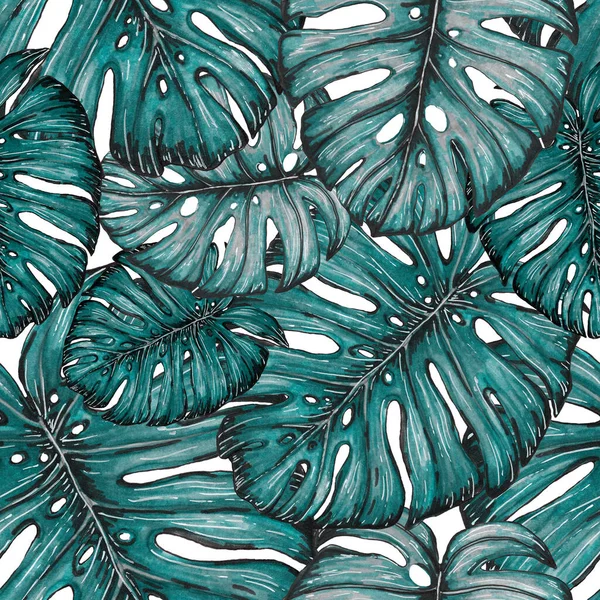 Tropikal yapraklarla suluboya kusursuz desen. Elle çizilmiş egzotik bitkilerle çok güzel bir iz. Mayo botanik tasarımı.