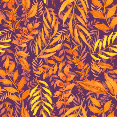 Vintage yapraklı suluboya desenli. Dekoratif tasarım için renkli yaprakları olan güzel bir botanik baskısı. Parlak bahar ya da yaz arkaplanı. Klasik düğün dekoru. Tekstil tasarımı.