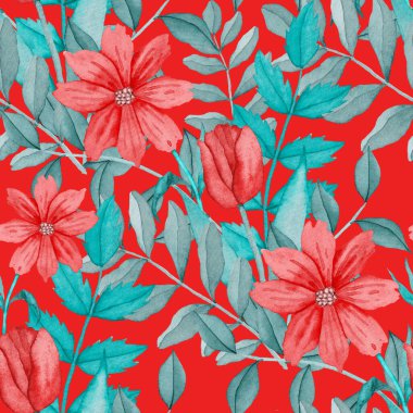 Çiçeklerle suluboya kusursuz desen. Klasik çiçek desenleri. Çiçeksiz desen. Botanik sanatı. Çiçek botanik koleksiyonu. Çiçek seti. Suluboya botanik tasarımı.