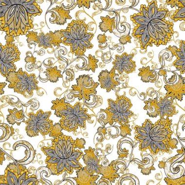 Suluboya desensiz, folky çiçekli ve yapraklı, etnik tarzda. Çiçek süsleme. Geleneksel şal deseni. Tekstil tasarım dokusu. Kabilesel etnik klasik dikişsiz model..