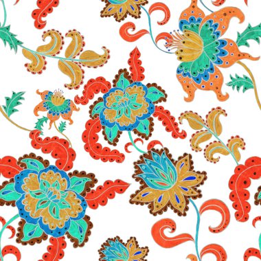 Suluboya desensiz, folky çiçekli ve yapraklı, etnik tarzda. Çiçek süsleme. Geleneksel şal deseni. Tekstil tasarım dokusu. Kabilesel etnik klasik dikişsiz model..