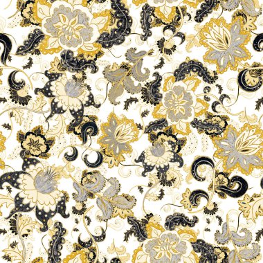 Suluboya desensiz, folky çiçekli ve yapraklı, etnik tarzda. Çiçek süsleme. Geleneksel şal deseni. Tekstil tasarım dokusu. Kabilesel etnik klasik dikişsiz model..