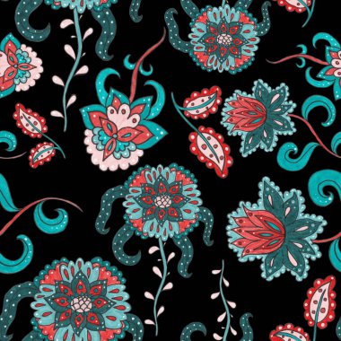 Suluboya desensiz, folky çiçekli ve yapraklı, etnik tarzda. Çiçek süsleme. Geleneksel şal deseni. Tekstil tasarım dokusu. Kabilesel etnik klasik dikişsiz model..