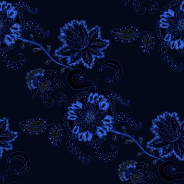 Suluboya desensiz, folky çiçekli ve yapraklı, etnik tarzda. Çiçek süsleme. Geleneksel şal deseni. Tekstil tasarım dokusu. Kabilesel etnik klasik dikişsiz model..