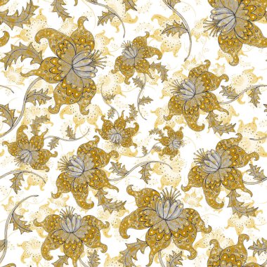 Suluboya desensiz, folky çiçekli ve yapraklı, etnik tarzda. Çiçek süsleme. Geleneksel şal deseni. Tekstil tasarım dokusu. Kabilesel etnik klasik dikişsiz model..