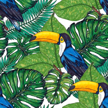Tukanla dikişsiz suluboya desen. Tropik kuşlu ve yapraklı egzotik botanik orman duvar kağıdı. Parlak yaz şablonu geçmişi.
