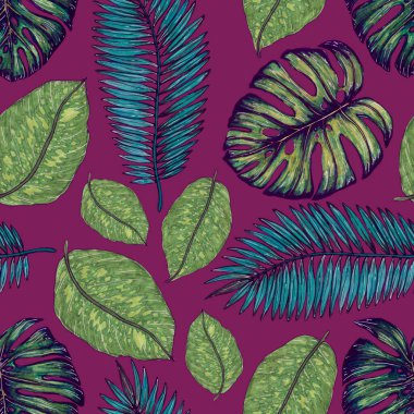 Tropikal yapraklarla suluboya kusursuz desen. Elle çizilmiş egzotik bitkilerle çok güzel bir iz. Mayo botanik tasarımı.