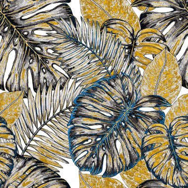 Tropikal yapraklarla suluboya kusursuz desen. Elle çizilmiş egzotik bitkilerle çok güzel bir iz. Mayo botanik tasarımı.