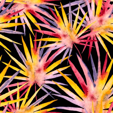 Renkli ve soyut tropikal yapraklı suluboya desenli. Egzotik bitkilerle dolu parlak yaz baskısı. Yaratıcı trend botanik tekstil tasarımı.