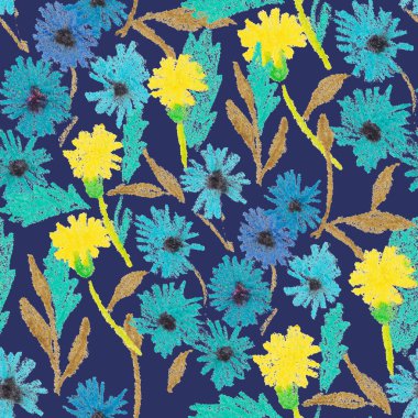 Balmumu pastel boyalarla çizilmiş soyut çiçekleri olan yaratıcı, pürüzsüz desen. Parlak renkli çiçek deseni.