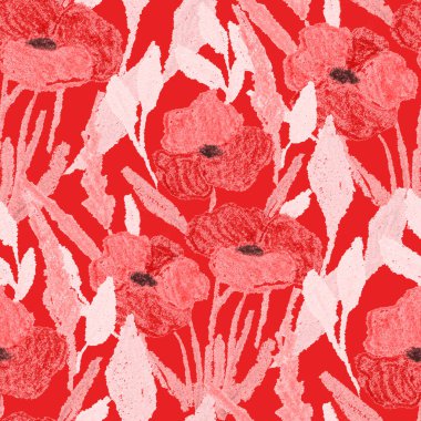 Balmumu pastel boyalarla çizilmiş soyut çiçekleri olan yaratıcı, pürüzsüz desen. Parlak renkli çiçek deseni.