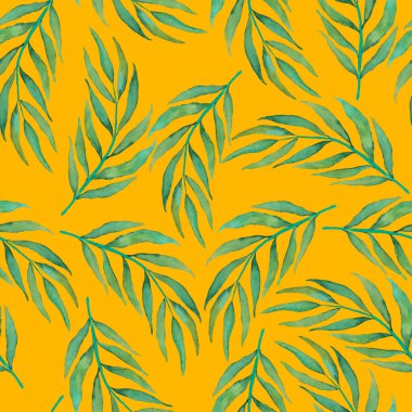 Vintage yapraklı suluboya desenli. Dekoratif tasarım için renkli yaprakları olan güzel bir botanik baskısı. Parlak bahar ya da yaz arkaplanı. Klasik düğün dekoru. Tekstil tasarımı.