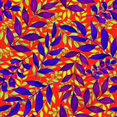 Vintage yapraklı suluboya desenli. Dekoratif tasarım için renkli yaprakları olan güzel bir botanik baskısı. Parlak bahar ya da yaz arkaplanı. Klasik düğün dekoru. Tekstil tasarımı.