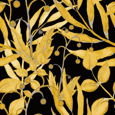 Vintage yapraklı suluboya desenli. Dekoratif tasarım için renkli yaprakları olan güzel bir botanik baskısı. Parlak bahar ya da yaz arkaplanı. Klasik düğün dekoru. Tekstil tasarımı.