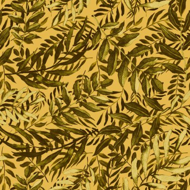 Vintage yapraklı suluboya desenli. Dekoratif tasarım için renkli yaprakları olan güzel bir botanik baskısı. Parlak bahar ya da yaz arkaplanı. Klasik düğün dekoru. Tekstil tasarımı.