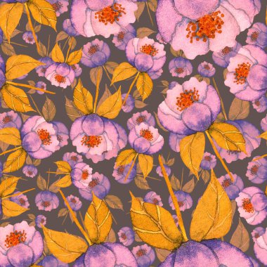 Çiçeklerle suluboya kusursuz desen. Klasik çiçek desenleri. Çiçeksiz desen. Botanik sanatı. Çiçek botanik koleksiyonu. Çiçek seti. Suluboya botanik tasarımı.