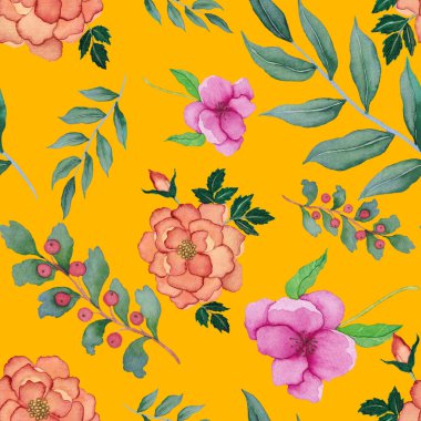 Çiçeklerle suluboya kusursuz desen. Klasik çiçek desenleri. Çiçeksiz desen. Botanik sanatı. Çiçek botanik koleksiyonu. Çiçek seti. Suluboya botanik tasarımı.