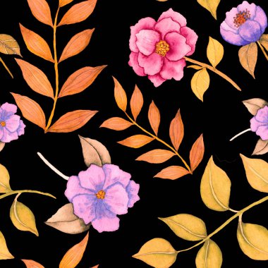 Çiçeklerle suluboya kusursuz desen. Klasik çiçek desenleri. Çiçeksiz desen. Botanik sanatı. Çiçek botanik koleksiyonu. Çiçek seti. Suluboya botanik tasarımı.