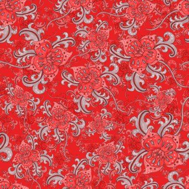 Suluboya desensiz, folky çiçekli ve yapraklı, etnik tarzda. Çiçek süsleme. Geleneksel şal deseni. Tekstil tasarım dokusu. Kabilesel etnik klasik dikişsiz model..