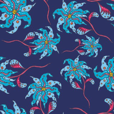 Suluboya desensiz, folky çiçekli ve yapraklı, etnik tarzda. Çiçek süsleme. Geleneksel şal deseni. Tekstil tasarım dokusu. Kabilesel etnik klasik dikişsiz model..