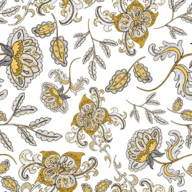 Suluboya desensiz, folky çiçekli ve yapraklı, etnik tarzda. Çiçek süsleme. Geleneksel şal deseni. Tekstil tasarım dokusu. Kabilesel etnik klasik dikişsiz model..