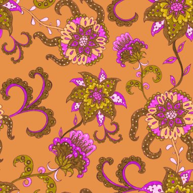 Suluboya desensiz, folky çiçekli ve yapraklı, etnik tarzda. Çiçek süsleme. Geleneksel şal deseni. Tekstil tasarım dokusu. Kabilesel etnik klasik dikişsiz model..