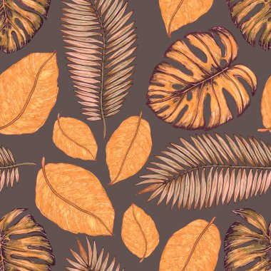 Tropikal yapraklarla suluboya kusursuz desen. Elle çizilmiş egzotik bitkilerle çok güzel bir iz. Mayo botanik tasarımı.