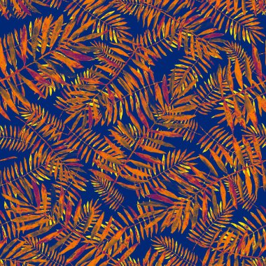 Renkli ve soyut tropikal yapraklı suluboya desenli. Egzotik bitkilerle dolu parlak yaz baskısı. Yaratıcı trend botanik tekstil tasarımı.