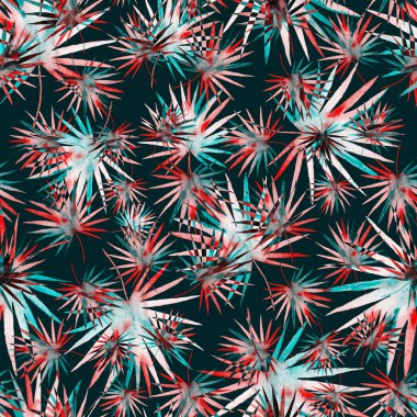 Renkli ve soyut tropikal yapraklı suluboya desenli. Egzotik bitkilerle dolu parlak yaz baskısı. Yaratıcı trend botanik tekstil tasarımı.