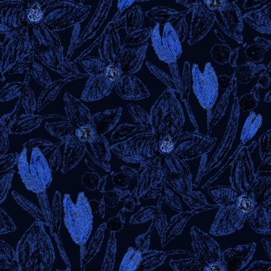 Balmumu pastel boyalarla çizilmiş soyut çiçekleri olan yaratıcı, pürüzsüz desen. Parlak renkli çiçek deseni.