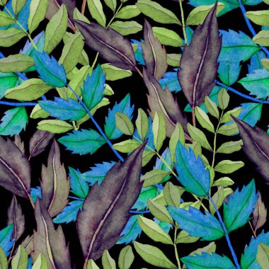 Vintage yapraklı suluboya desenli. Dekoratif tasarım için renkli yaprakları olan güzel bir botanik baskısı. Parlak bahar ya da yaz arkaplanı. Klasik düğün dekoru. Tekstil tasarımı.