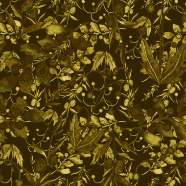 Vintage yapraklı suluboya desenli. Dekoratif tasarım için renkli yaprakları olan güzel bir botanik baskısı. Parlak bahar ya da yaz arkaplanı. Klasik düğün dekoru. Tekstil tasarımı.