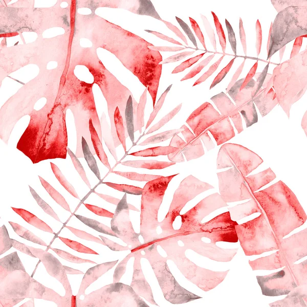 水彩斑斓的无缝图案 色彩艳丽的热带叶 色彩艳丽的夏季印刷与异国情调植物 创意时尚的植物性纺织品设计 — 图库照片