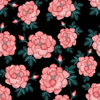 Çiçeklerle suluboya kusursuz desen. Klasik çiçek desenleri. Çiçeksiz desen. Botanik sanatı. Çiçek botanik koleksiyonu. Çiçek seti. Suluboya botanik tasarımı.