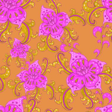 Suluboya desensiz, folky çiçekli ve yapraklı, etnik tarzda. Çiçek süsleme. Geleneksel şal deseni. Tekstil tasarım dokusu. Kabilesel etnik klasik dikişsiz model..