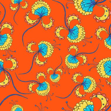 Suluboya desensiz, folky çiçekli ve yapraklı, etnik tarzda. Çiçek süsleme. Geleneksel şal deseni. Tekstil tasarım dokusu. Kabilesel etnik klasik dikişsiz model..