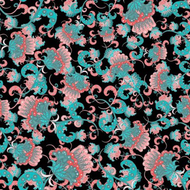 Suluboya desensiz, folky çiçekli ve yapraklı, etnik tarzda. Çiçek süsleme. Geleneksel şal deseni. Tekstil tasarım dokusu. Kabilesel etnik klasik dikişsiz model..