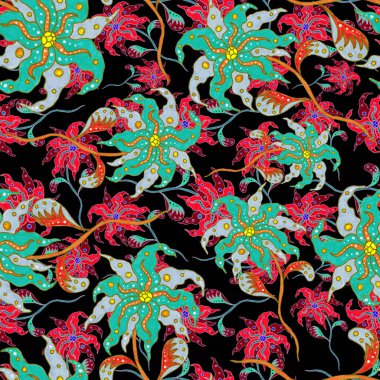 Suluboya desensiz, folky çiçekli ve yapraklı, etnik tarzda. Çiçek süsleme. Geleneksel şal deseni. Tekstil tasarım dokusu. Kabilesel etnik klasik dikişsiz model..