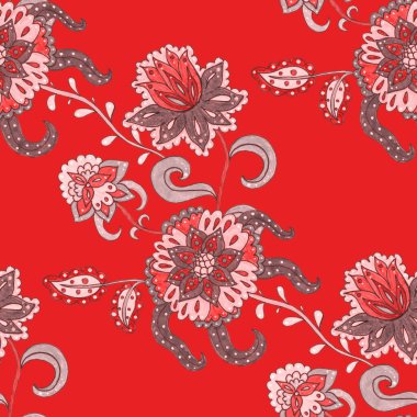 Suluboya desensiz, folky çiçekli ve yapraklı, etnik tarzda. Çiçek süsleme. Geleneksel şal deseni. Tekstil tasarım dokusu. Kabilesel etnik klasik dikişsiz model..