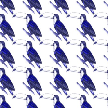 Tukanla dikişsiz suluboya desen. Tropik kuşlu ve yapraklı egzotik botanik orman duvar kağıdı. Parlak yaz şablonu geçmişi.