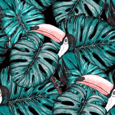 Tukanla dikişsiz suluboya desen. Tropik kuşlu ve yapraklı egzotik botanik orman duvar kağıdı. Parlak yaz şablonu geçmişi.