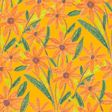 Balmumu pastel boyalarla çizilmiş soyut çiçekleri olan yaratıcı, pürüzsüz desen. Parlak renkli çiçek deseni.