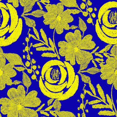 Balmumu pastel boyalarla çizilmiş soyut çiçekleri olan yaratıcı, pürüzsüz desen. Parlak renkli çiçek deseni.