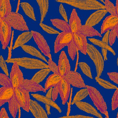 Balmumu pastel boyalarla çizilmiş soyut çiçekleri olan yaratıcı, pürüzsüz desen. Parlak renkli çiçek deseni.