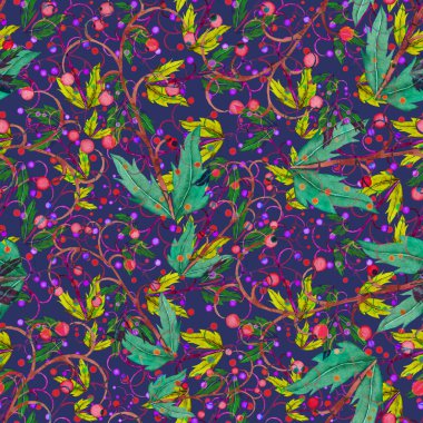 Vintage yapraklı suluboya desenli. Dekoratif tasarım için renkli yaprakları olan güzel bir botanik baskısı. Parlak bahar ya da yaz arkaplanı. Klasik düğün dekoru. Tekstil tasarımı.