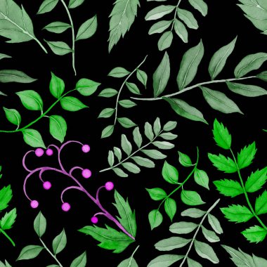 Vintage yapraklı suluboya desenli. Dekoratif tasarım için renkli yaprakları olan güzel bir botanik baskısı. Parlak bahar ya da yaz arkaplanı. Klasik düğün dekoru. Tekstil tasarımı.