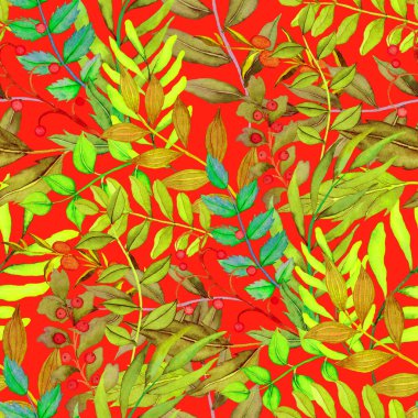 Vintage yapraklı suluboya desenli. Dekoratif tasarım için renkli yaprakları olan güzel bir botanik baskısı. Parlak bahar ya da yaz arkaplanı. Klasik düğün dekoru. Tekstil tasarımı.