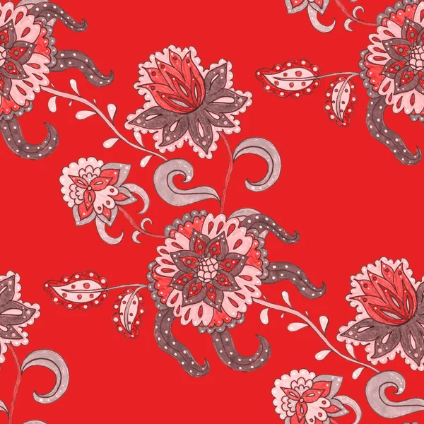 Suluboya desensiz, folky çiçekli ve yapraklı, etnik tarzda. Çiçek süsleme. Geleneksel şal deseni. Tekstil tasarım dokusu. Kabilesel etnik klasik dikişsiz model..