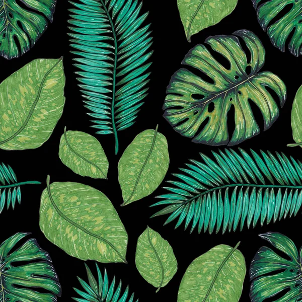 Tropikal Yapraklarla Suluboya Kusursuz Desen Elle Çizilmiş Egzotik Bitkilerle Çok — Stok fotoğraf