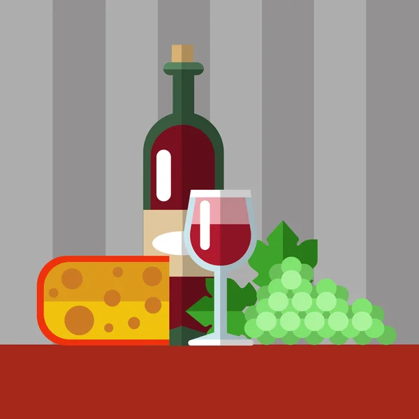 Flaska rött vin med ett glas, druvor och ost. Platt style vektor illustration. — Stock vektor